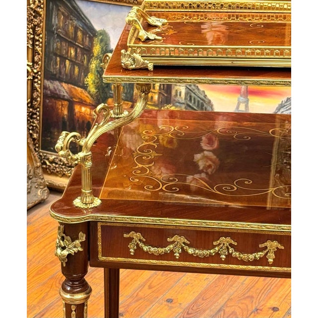 French French Louis XVI Style Rolling Serving Table – Wood With Gold Leaf Details, 3 Drawers & Casters For Sale - Image 3 of 4