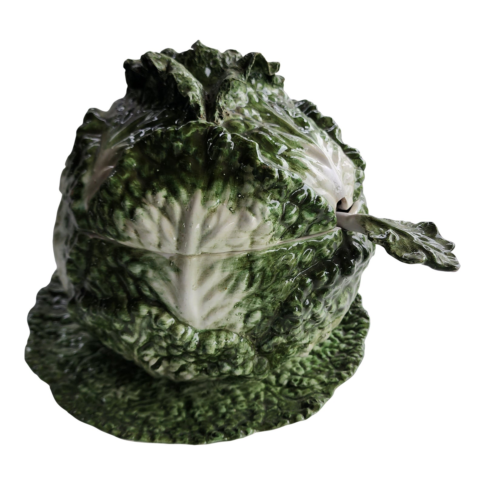 Large Vintage Majolica Cabbage Lidded Soup Tureen, Dish, and Ladle