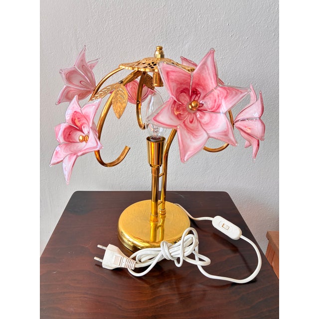 Vintage Pink Murano Glass Floral Table Lamp – Authentic Italian Curved Flower Desk Lamp With Brass Frame - a Pair For Sale - Image 13 of 18