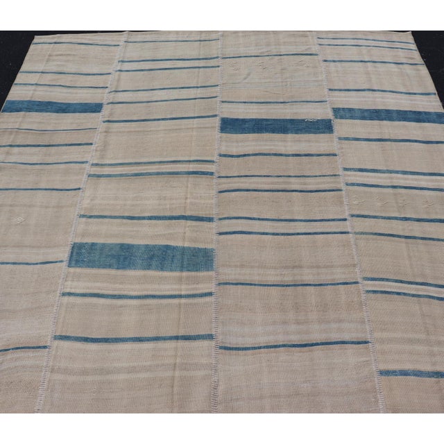 Vintage Turkish Kilim Rug With Blue and Cream Stripes 8'0"x14'2" For Sale - Image 4 of 10