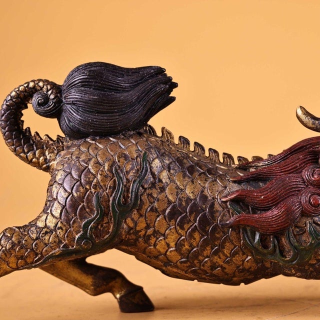 Metal Pair of Antique Gilt Bronze Qilin Statues, Mythical Beast Figures, 1kg Each For Sale - Image 7 of 8