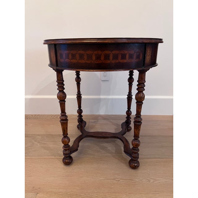 Wood Jonathan Charles Round Side Table Walnut Finish With Burl Veneers and Hand Cut Inlays For Sale - Image 7 of 9