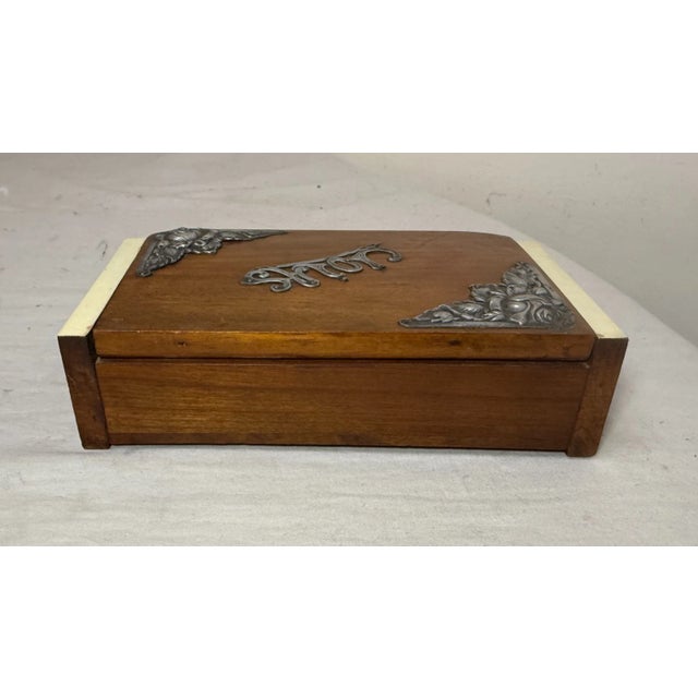 Brown Quality Antique Handmade Wood Sterling Silver Celluloid Jewelry Box Casket For Sale - Image 8 of 11