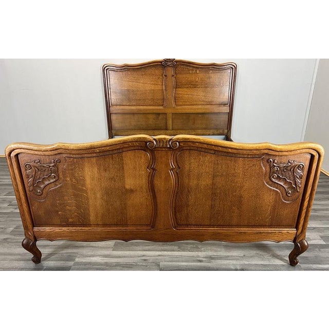 Vintage French Louis XVI Style Double Bed Frame in Oak with Carved Headboard For Sale - Image 3 of 11