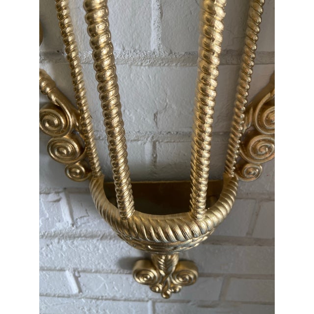 Vintage Hollywood Regency Homco Gilded Faux Wicker & Rattan Wall Pocket Planter Baskets, Wall Hanging Flower Installation For Sale - Image 4 of 12