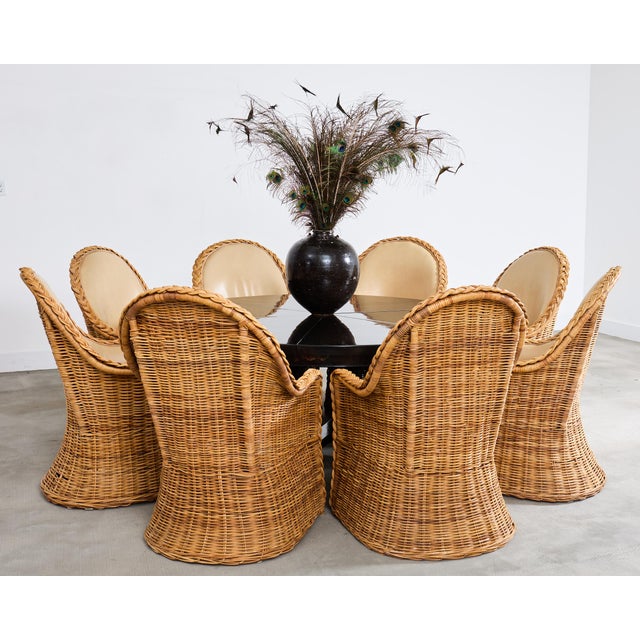 Contemporary Set of Eight Michael Taylor Style Rattan Leather Dining Chairs For Sale - Image 3 of 18