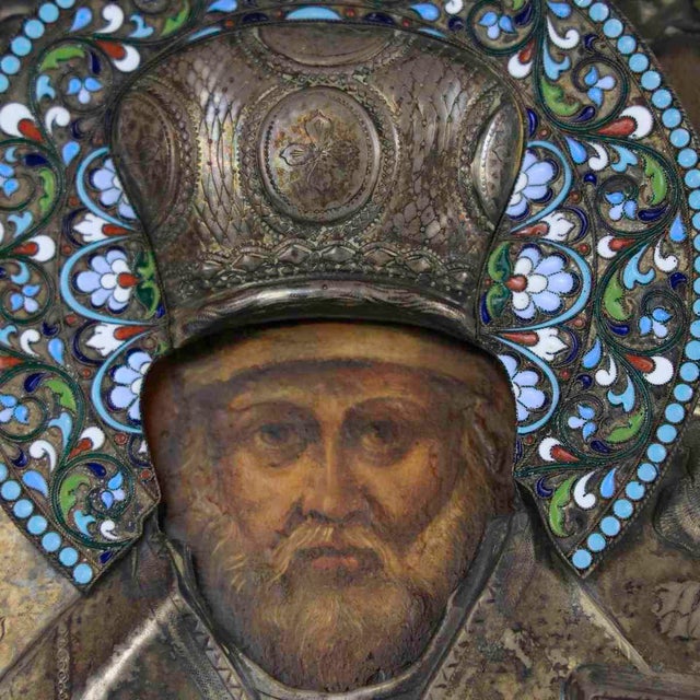 Wooden and Silver Icon St. Nicholas by Nizhny Novgorod, 1865 For Sale - Image 3 of 18