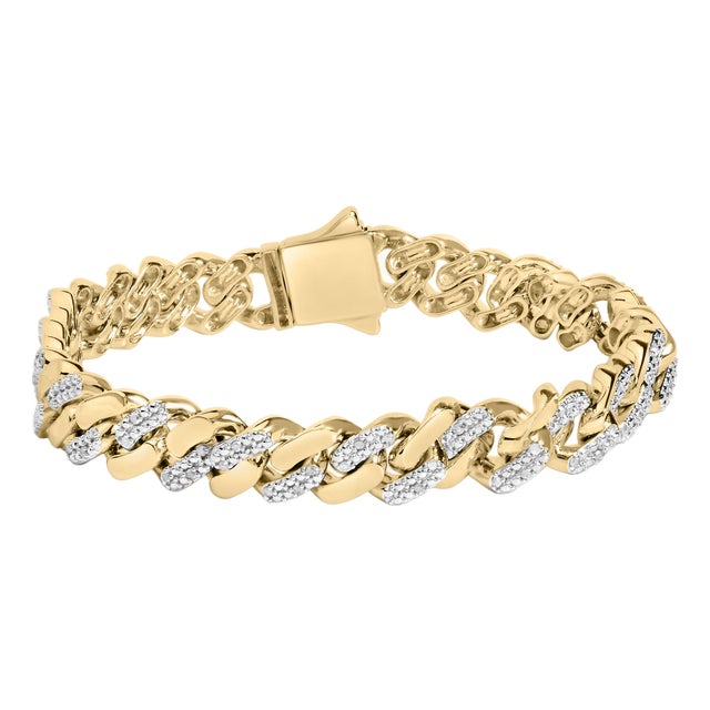 14K Yellow Gold Plated .925 Sterling Silver 1/2 Cttw Diamond Cuban Curb Chain Bracelet (I-J Color, I3 Clarity) - 8.5" Inches For Sale