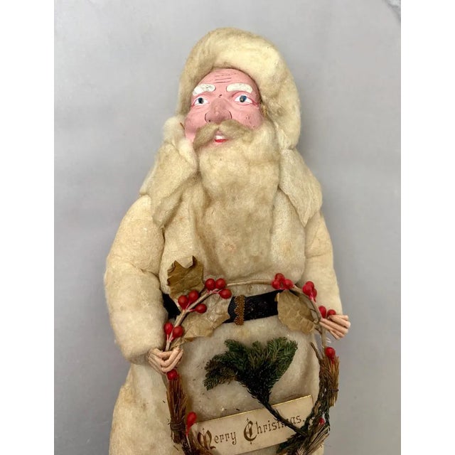 Rustic Christmas Antique German Cotton Batting Santa With Christmas Wreath For Sale - Image 3 of 11