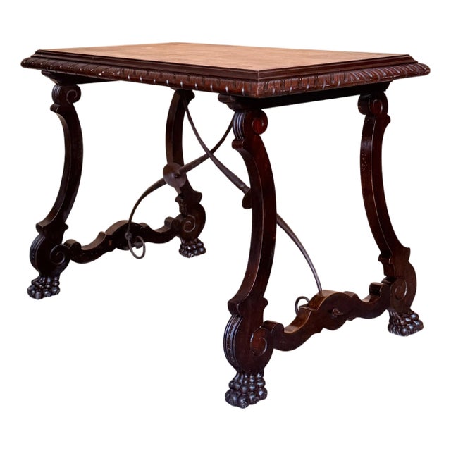 19th Century Ebonized Baroque Spanish Side or Desk Table with Lyre Legs For Sale