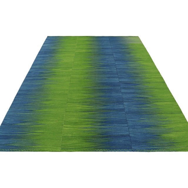 Rug & Kilim Rug & Kilim’s Contemporary Kilim in Green and Blue Stripes and Geometric Pattern For Sale - Image 4 of 8