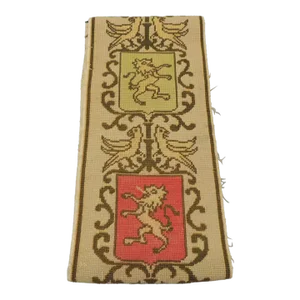 Antique Green and Orange Tapestry Border Depicting Lions and Coat of Arms