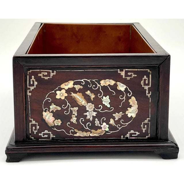 Antique Chinese Mother of Pearl Inlaid Hardwood Jardinière with Copper Liner For Sale - Image 10 of 12