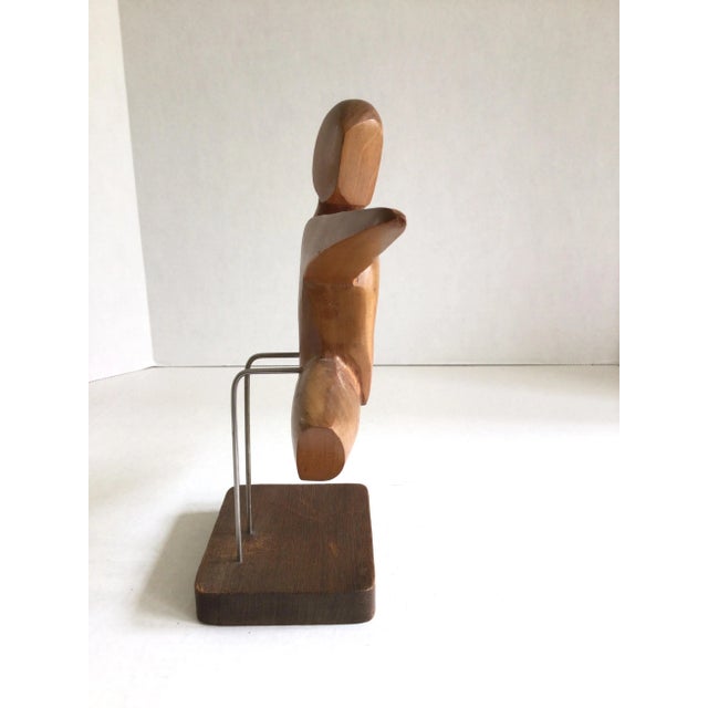 Art Deco 1950s Carved Wooden Sculpture of Leaping Man Mounted on Wood Base For Sale - Image 3 of 9