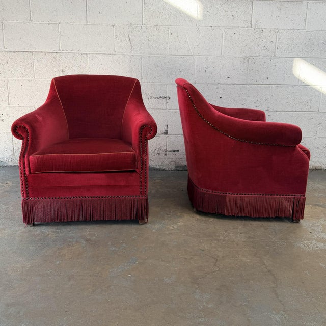 Mid-Century Modern Pair of Vintage Danish Modern Art Deco Style Burgundy Mohair Velvet Club Chairs, 1940's For Sale - Image 3 of 7