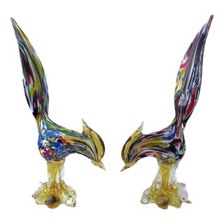 Pair of Large 16" Murano Confetti Glass Pheasant Bird Sculptures Figurines Italian For Sale