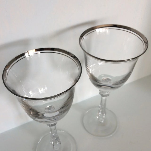 Vintage Double Line Platinum Rim Crystal Wine Glasses - a Pair For Sale - Image 9 of 13