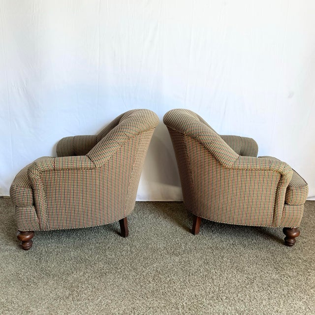 Traditional Vintage Regency Tufted Red Blue and Tan Lounge Chairs by Sherrill - A Pair For Sale - Image 3 of 3