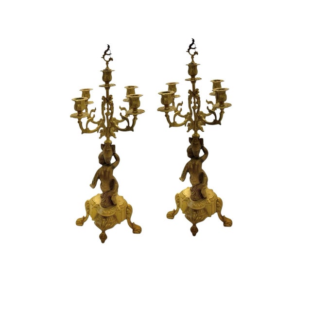 Mid 20th Century Mid 20th Century Candelabra Pair Brass 4 Arms With Cherub Angel Figures Vintage French Decor For Sale - Image 5 of 9
