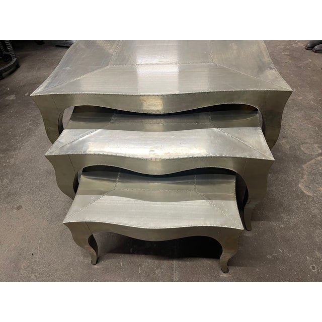 Louise Art Deco Industrial Style Metal-Clad Nesting Coffee Tables by Paul Mathieu—Set of Three For Sale - Image 4 of 12