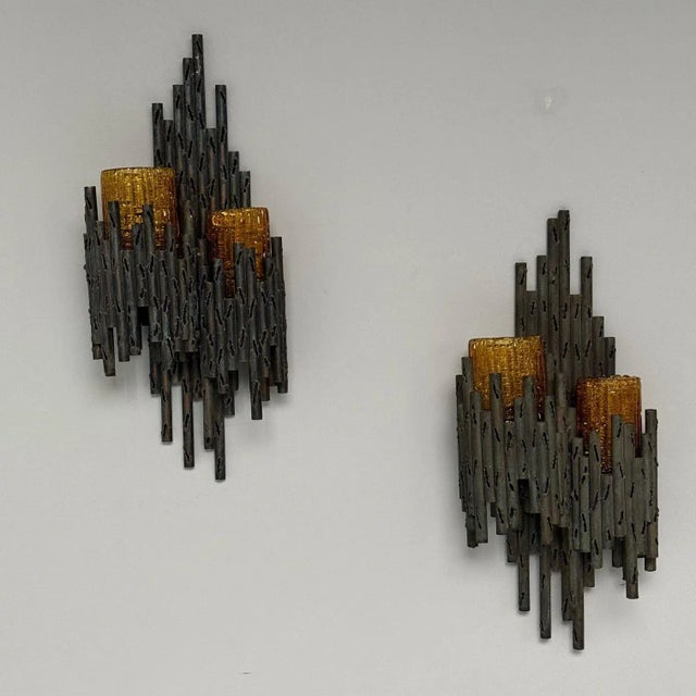 Marcello Fantoni, Brutalist Mid-Century Modern, Wrought Iron, Murano Glass, Italy c. 1960s This striking pair of brutalist...