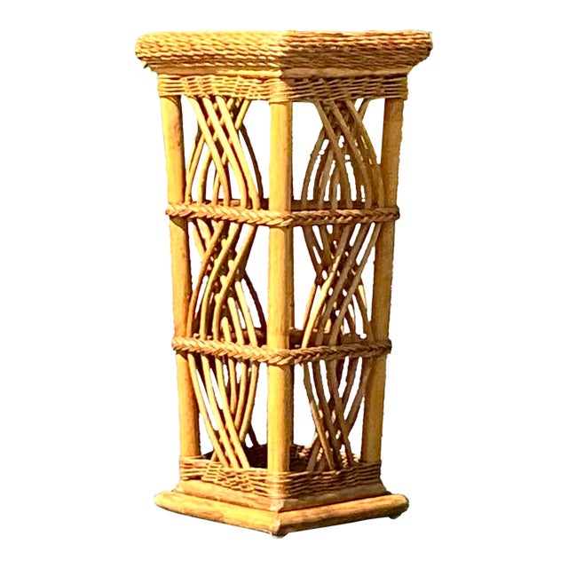 Vintage Coastal Woven Rattan Pedestal For Sale