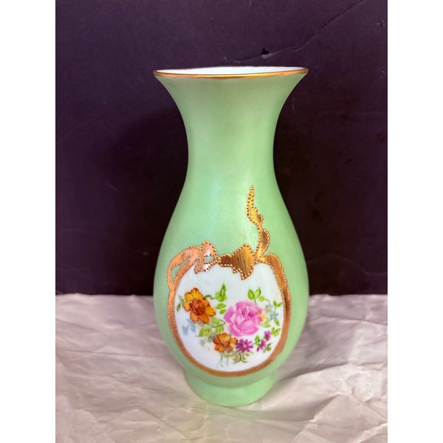 Vintage Fürstenberg West Germany Celadon Porcelain Bud Vase With Raised Gilt Floral Cartouche Victorian Revival Hollywood Regency Style For Sale In Indianapolis - Image 6 of 9