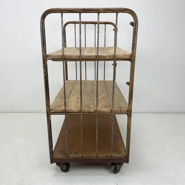 Industrial Vintage Industrial Iron and Wood Shelves on Wheels For Sale - Image 3 of 10