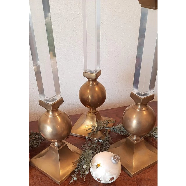 Vintage Xl Brass and Lucite Candlesticks Set 3 Candle Holders For Sale - Image 9 of 13