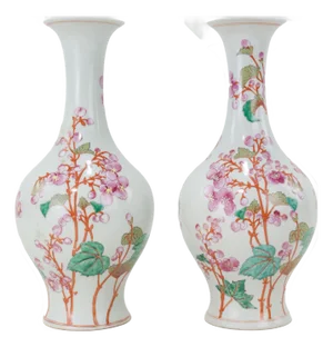 Pair of Chinese Famille Rose Porcelain Vases With Plum Blossom Design