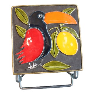 Vintage French Jewellery Box with Enamel Lid and Toucan Motif by Mithé Espelt, 1960s For Sale