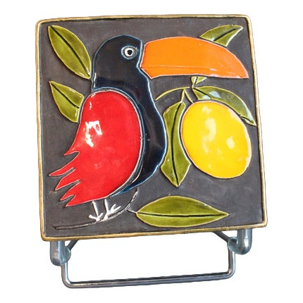 Vintage French Jewellery Box with Enamel Lid and Toucan Motif by Mithé Espelt, 1960s For Sale