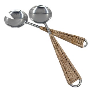Handmade Stainless Steel & Rattan Woven Handle Salad Server Set, Handcrafted in India - 2 pcs For Sale