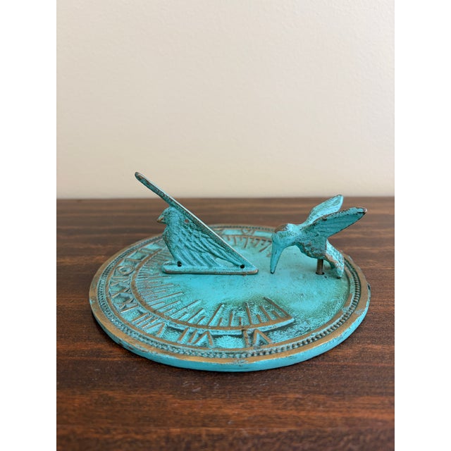 Virginia Metalcrafters Vintage English Country Iron Verdigris Garden Sundial With Hummingbird For Sale - Image 4 of 7