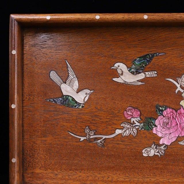 Chinese Huali Rosewood Tray Inlaid With Mother-of-Pearl Birds & Roses For Sale - Image 3 of 9