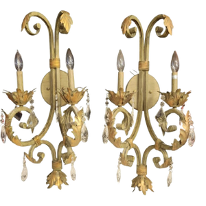 Vintage Iron Dusty Green Large Palm Beach Regency Leaf Crystal Prisms Wall Lamps Sconces Fixtures- A Pair