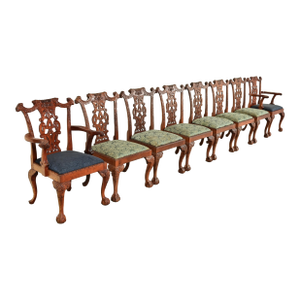 Baker Furniture Style Chippendale Carved Mahogany Dining Chairs, Set of Eight