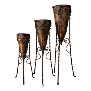 Floor Brutalist Primitive Totemic Tall Metal Vessels on Forged Stands For Sale