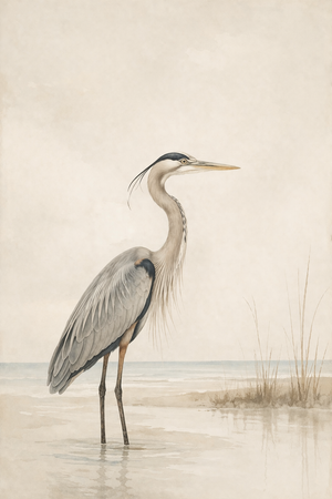 Great Blue Heron Coastal Study, Minimalist Bird Wall Art Print, 24″ × 36″