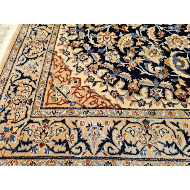 Persian Vintage Persian Nain Area Rug, Hand-Knotted Wool & Silk, Floral Pattern, 4x6, Navy & Ivory For Sale - Image 3 of 18