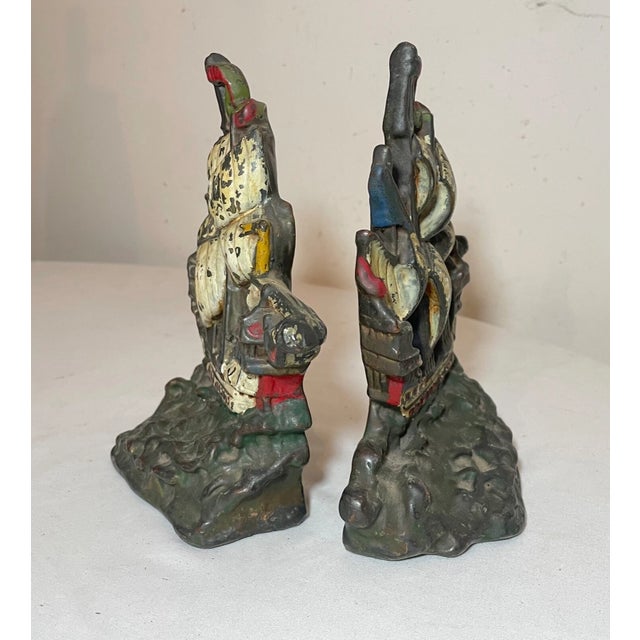 Pair Antique Nautical Cold Painted Bronze Clad Sail Ship Boat Nautical Bookends For Sale - Image 4 of 11