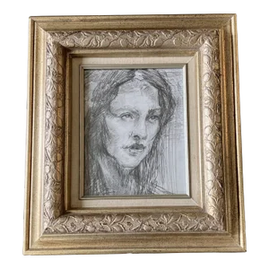 1970’s Original Charcoal Female Portrait Study Drawing Ornate Frame