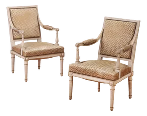 A Pair of French Louis XVI Style Painted Open Arm Chairs, Circa 1940.