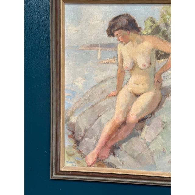 Karl Vilhelm Anstensen, Coastal Scene with Sunbathing Nude Woman, 1957, Oil Painting on Canvas, Framed For Sale - Image 9 of 17