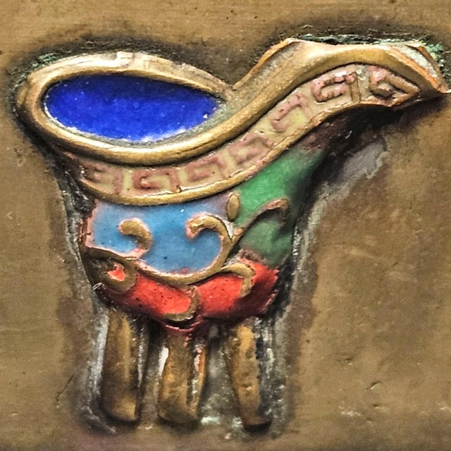 Early 20th-Century Chinese Brass Box With Applied Cloisonné Medallions (4.375"), Marked “China” For Sale - Image 4 of 14