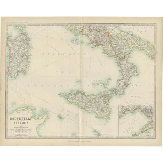 1900 - 1909 Antique Map of South Italy and the Island of Sardinia by Johnston, 1909 For Sale - Image 5 of 5