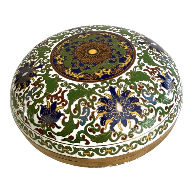 Antique Cloisonne Enamel Circular Box- 7 Inch Diameter For Sale