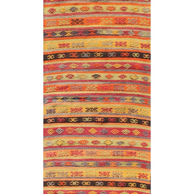 Contemporary Vintage Hand Woven Turkish Kilim Colorful Stripe Runner With Tribal Motifs For Sale - Image 3 of 7