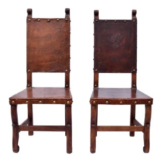Spanish Colonial Leather Dining Chairs, Pair For Sale