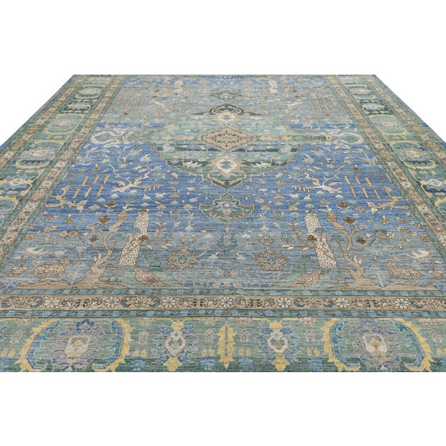 Modern Tabriz Style Medallion Wool Area Rug – Vibrant Blue, Sage Green & Yellow For Sale - Image 11 of 12